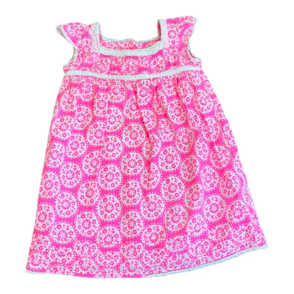 Mini Boden Girls Dress Size 2-3Y – Pink Floral Medallion Print with Lace Trim